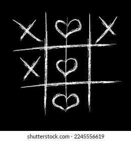 Tic-tac-toe game drawn with white chalk on a black background. instead of zeros, crossed-out hearts are drawn in honor of Valentine's Day. Love will win