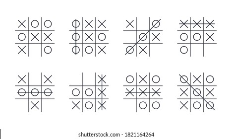 Tic-tac-toe game. Editable stroke. Win and draw, different options for the course of the game. Vector set of examples of logic games
