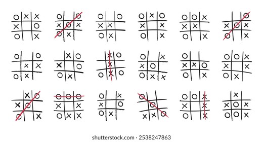 Tic-tac-toe juego dibujado a mano doodle conjunto de diseño lineal que representa la estrategia, el éxito y el desafío, la forma de ganar y el éxito. Cero, cruz en diferente posición en la Ilustración vectorial de contorno de cuadrícula