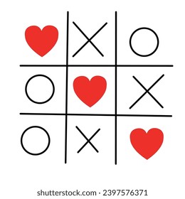 Tic-tac-toe game, heart, Valentine's Day. Love wins. Postcard with the game of love. Fun, romance, simple lines