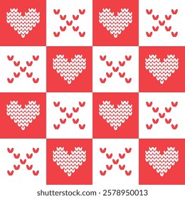 Tic-tac-toe Game with Hearts. Knitted Hearts, Crosses on Red, White Checkered Background. Valentine's Day Seamless Geometric Pattern. Holiday Background. Happy Valentines Day Print. Vector image