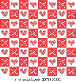 Tic-tac-toe Game with Hearts. Print. Knitted Hearts, Crosses on Red White Checkered Background. Valentine's Day Seamless Geometric Pattern. Holiday Background. Happy Valentines Day Print. Vector image