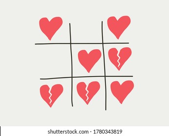 Tictactoe game of love heart and separated breaking heart. Loving marriage relationship, and divorce breakup concept. Happiness love part wins or more heartbreak in the relationship the balance of the love