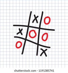 Tic-tac-toe game on the exercise book background. Vector illustration.