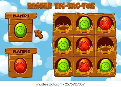 TIC-TAC-TOE game UI. Board game playing field with red and green eggs. Funny spring holiday Easter. Game Tic Tac Toe in Easter themed.