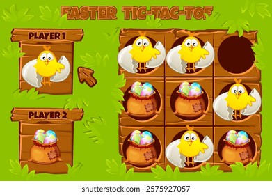 TIC-TAC-TOE game UI. Game playing field with with cute Chick and bag of colored eggs on wooden board. Funny spring holiday Easter. Game Tic Tac Toe in Easter themed