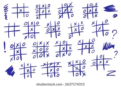 Tic-tac-toe game variations in school notebook with multiple draw, win, lose games. Vector illustration of hand drawn blue marker squiggles on white paper. Educational logic games.