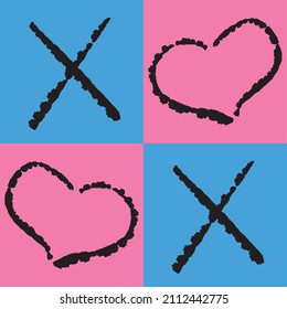 Tic-tac-toe hand-drawn game on a blue and pink background for boys and girls. The first love. Happy Valentine's Day