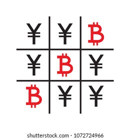 Tic-tac-toe money concept. Yuans and bitcoins. Competition between currencies. Bitcoins victory. Vector illustration.