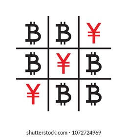 Tic-tac-toe money concept. Yuans and bitcoins. Competition between currencies. Yuans victory. Vector illustration.