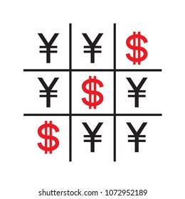 Tic-tac-toe money concept. Yuans and dollars. Competition between currencies. Dollars victory. Vector illustration.