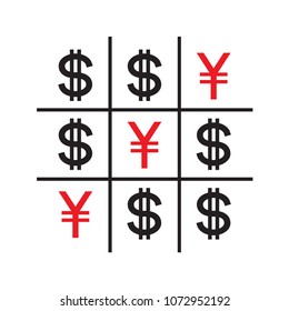 Tic-tac-toe money concept. Yuans and dollars. Competition between currencies. Yuans victory. Vector illustration.