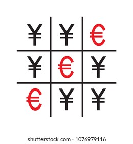 Tic-tac-toe money concept. Yuans and euros. Competition between currencies. Euros victory. Vector illustration.