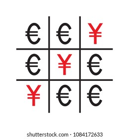 Tic-tac-toe money concept. Yuans and euros. Competition between currencies. Yuans victory. Vector illustration.