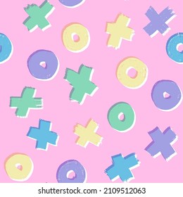 Tic-tac-toe, noughts and crosses game abstract seamless pattern in trendy pastel shades, stylish pale colors repeat for fabric. textile, kids clothes. Vector hand-drawn illustration.
