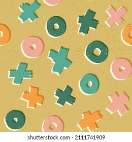 Tic-tac-toe, noughts and crosses game abstract seamless pattern in trendy retro palette, stylish pale colors repeat for fabric, textile, kids clothes. Vector hand-drawn illustration.