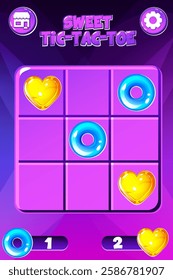 Tic-Tac-Toe in Purple Sweet style, UI game with cursor arrow. Vector cartoon strategy game noughts and crosses. Board logic game for your mobile game development UI.