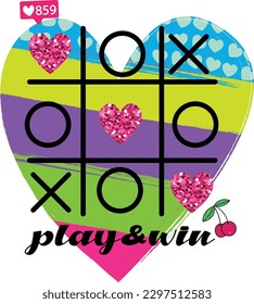 diseño de camiseta tic-tac-toe con corazón y eslogan. Lema de motivación para las niñas, para ropa, pancarta, niñas, mujeres, niños. texto escrito a mano 