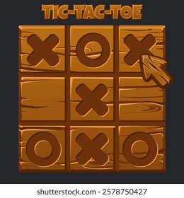 Tic-Tac-Toe wooden style, UI game. Vector cartoon strategy game noughts and crosses