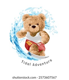 tidal adventure slogan with bear doll surfboarding vector illustration