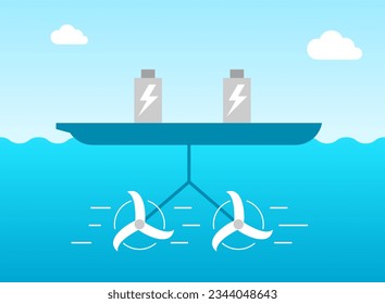 Tidal energy concept. Renewable power sources. Zero emission. Carbon neutral. Alternative energy. Natural rise and fall of ocean tides and currents. Turbine generate electricity. Vector illustration. 