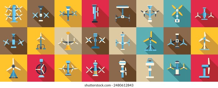tidal energy icons set. Collection of wind turbines generating clean energy using wind power in flat design