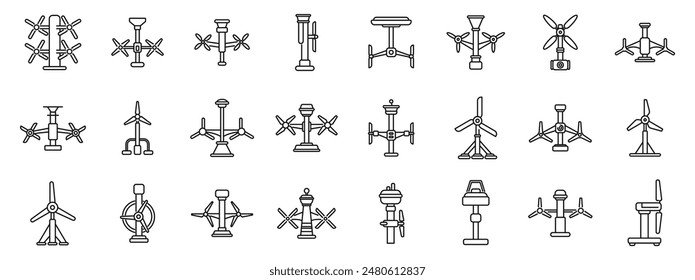 tidal energy icons set. Set of wind turbine icons showing different perspectives and designs for renewable energy generation