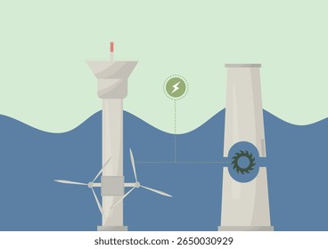 Tidal energy renewable power. Clean electricity generation from ocean waves concept with turbines. Green technology. Marine energy concept. Sustainable and renewable energy. Vector illustration