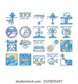 planta de energia de maré doodle ícones conjunto vetor. esboço linha arte industrial maré estação de energia e controle de tensão, plano de esquema de trabalho e ambiente danificar ilustrações de cores