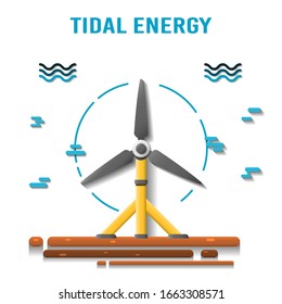 Tidal power plant. Eco friendly underwater renewable energy sources. Paper cut vector illustration. Alternative electricity generators. Hydro power turbine.