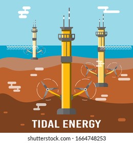 Tidal power plant. Eco friendly underwater renewable energy sources. Flat vector illustration. Alternative electricity generators. Hydro power turbine.