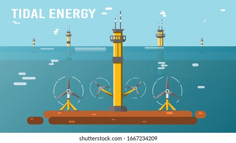 Tidal power plant. Eco friendly underwater renewable energy sources. Flat vector illustration. Alternative electricity generators. Hydro power turbine.