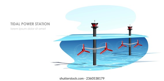 Tidal power station. Alternative ecological electricity production. Ocean and sea renewable clean resource. Modern technology. Water flow, electric generation. Vector illustration