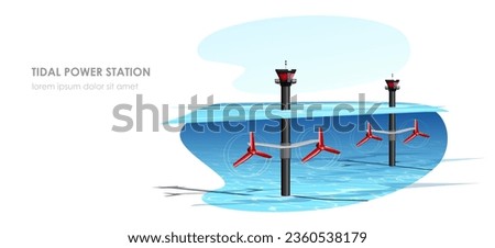 Tidal power station. Alternative ecological electricity production. Ocean and sea renewable clean resource. Modern technology. Water flow, electric generation. Vector illustration