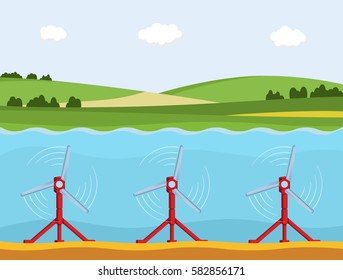 Tidal power station. Flat style cartoon tidal tower station. Innovation clean power. Vector illustration.