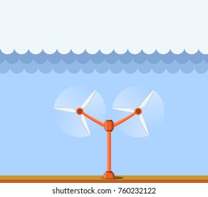 Tidal power station. Flat style cartoon tidal tower station. Innovation clean power source. Renewable energy concept. Vector illustration.