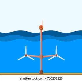 Tidal power station. Flat style cartoon tidal tower station. Innovation clean power source. Renewable energy concept. Vector illustration.