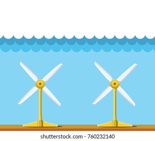 Tidal power station. Flat style cartoon tidal tower station. Innovation clean power source. Renewable energy concept. Vector illustration.