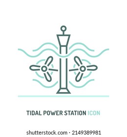 Tidal power station icon. Tide plant sign. Renewable energy source. Ecology concept. Editable vector illustration in modern outline style isolated on a white background.