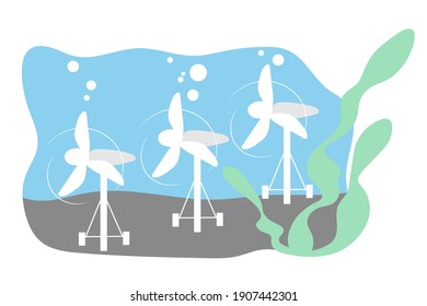 Tidal turbine on seabed. Ecological energy plant in ocean. Alternative hydro power concept. Flat style vector illustration.