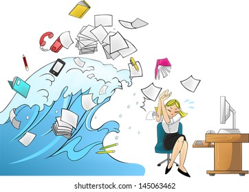 Tidal wave tsunami of workload with office tools in the office attacking a female secretary or businesswoman - woman version (cartoon vector)