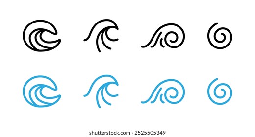 Conjunto de ícones de maré. Ilustração do vetor de onda marinha. Símbolo de surf oceânico. Sinal de fluxo de vento. Pictograma de ondulação de água. Logotipo da espiral vortex. Redemoinho conceito. Coleção de ícones de contorno azul maré alta. Ondas de curva de água.