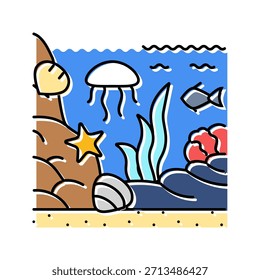 Ecosistema de la piscina de marea Icono de color del océano del mundo. Vector del ecosistema de la piscina de marea Signo del océano del mundo