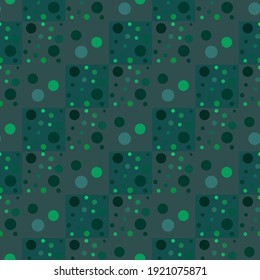 Ideales geometrisches Muster aus kleinen, großen und großen Kreisen, Blasen. Tidewassergrüner Hintergrund mit hellgrüner, dunkelgrüner Kette. Chaotische, abstrakte Muster von Serpentin. Vektorgrafik-Gewebe