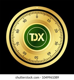 Tidex Token (TDX) cryptocurrency safe lock. Eps10 vector illustration isolated on black background.