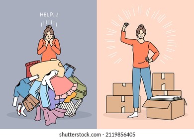 Tiding up and packing concept. Stressed frustrated girl with messy much clothes asking for help and strong one feeling positive with packed boxes vector illustration 