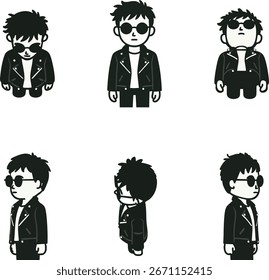 Um personagem arrumado em jaqueta escura e calças é desenhado a partir de vários ângulos para animação ou uso de adesivo.