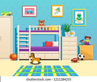 Опрятный интерьер детской комнаты с изображениями двухъярусной кровати на стене аквариума с рыбками и игрушками векторная иллюстрация