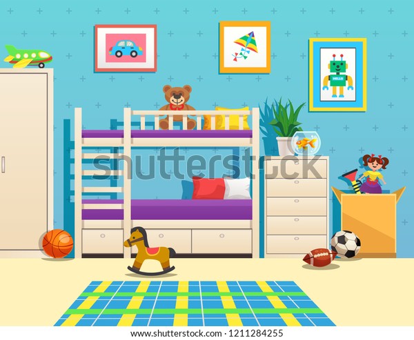 Tidy children room\
interior with bunk bed pictures on wall aquarium with fish and toys\
vector illustration