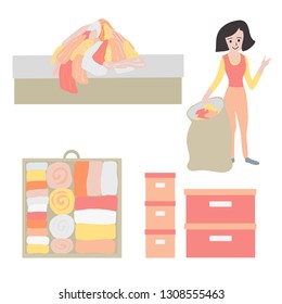 Tidy Up And Declutter Concept Vector Icon Set. Closet Organization Illustration. Woman With Bag Decluttering And Tidying Her Clothes. Before After. Drawer With Folded Clothes. Storage Boxes